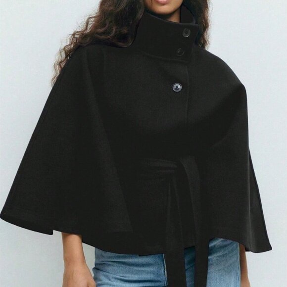 Black Elegant Women's Cloak With Stand Collar, Button Closure And Belt - Picture 4 of 4